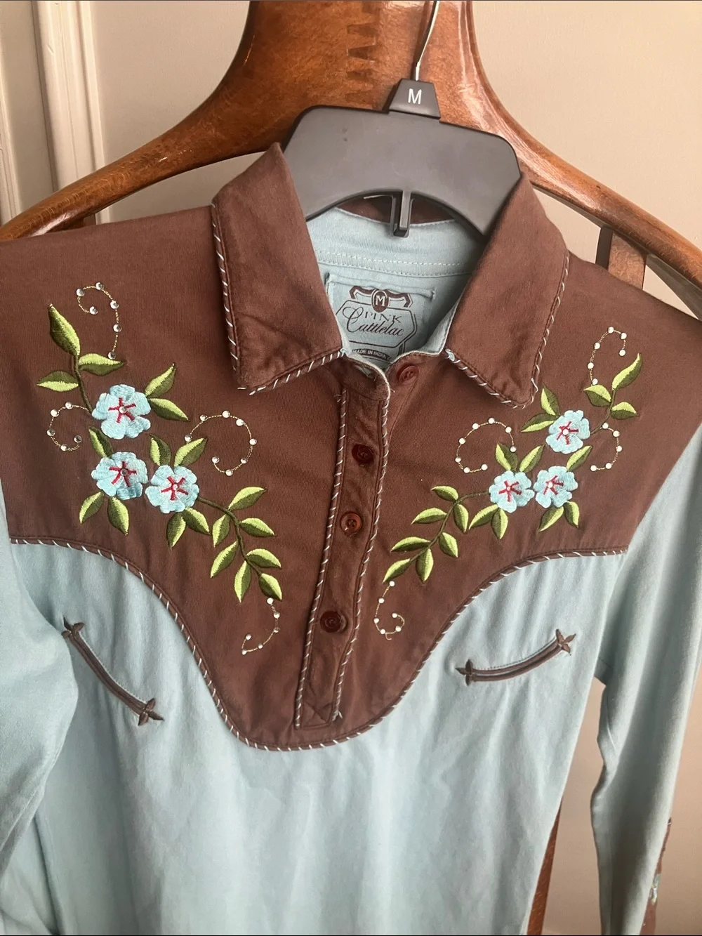 Pink Cadillac Embroidered Western-Style Top in Light Blue & Brown - Picture 6 of 8